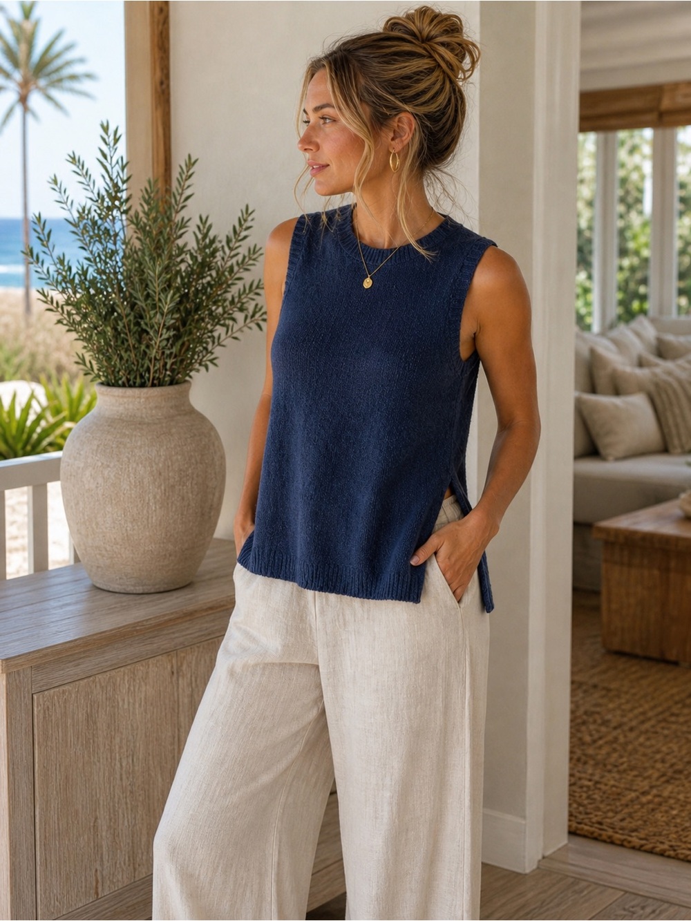 ANRABESS Sleeveless Knit Tank Top Medium NWT Blue Side Split Rayon Relaxed Fit